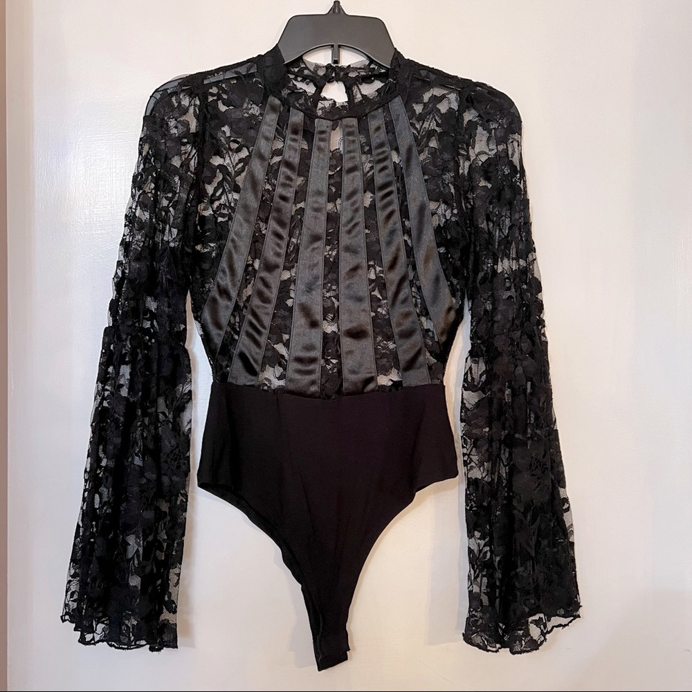 Lace and Satin Bell Sleeve Bodysuit